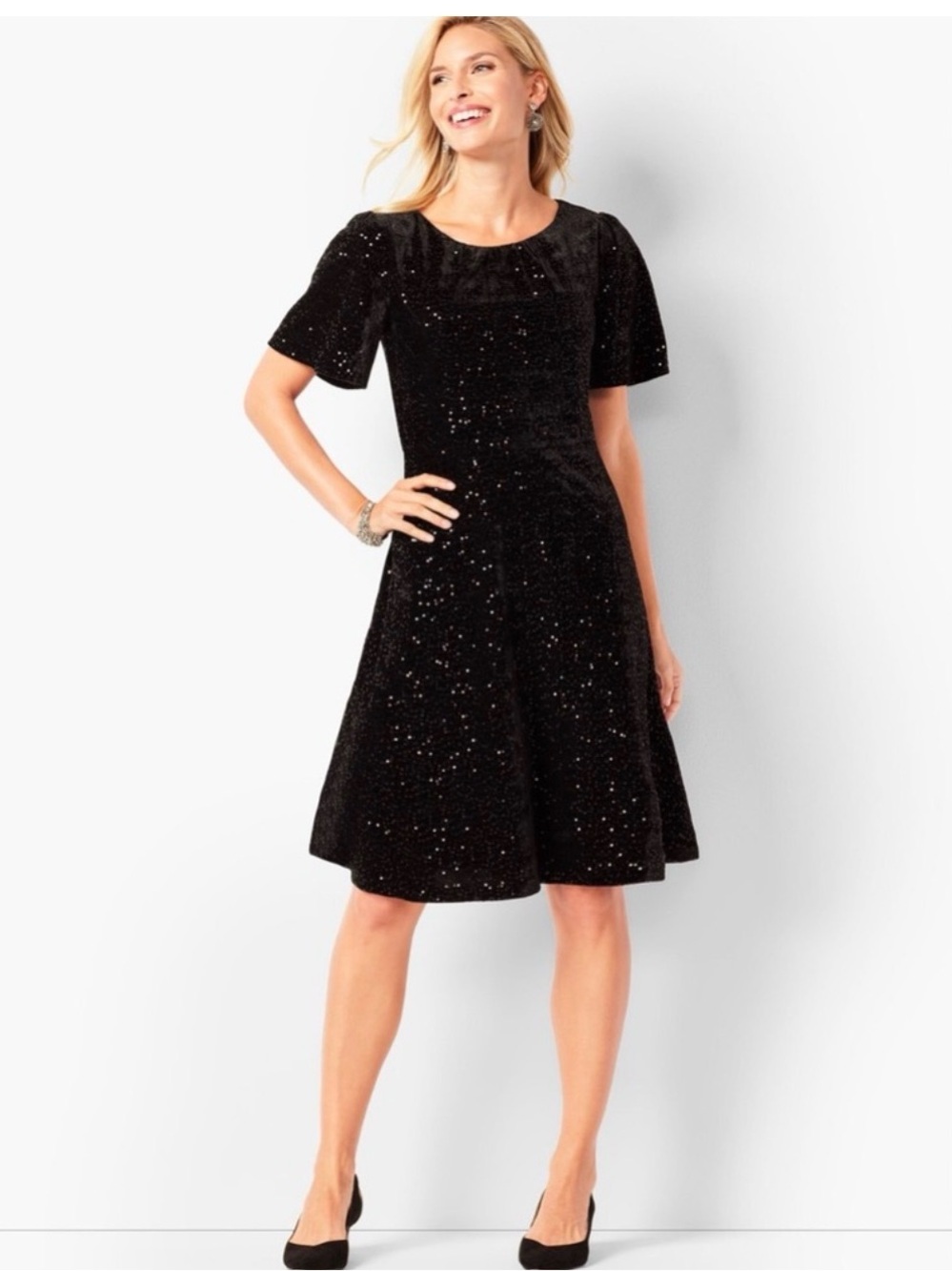 RSVP by Talbots Black Velvet & Sequin A-Line Dress -fit and flare Cocktail Dress